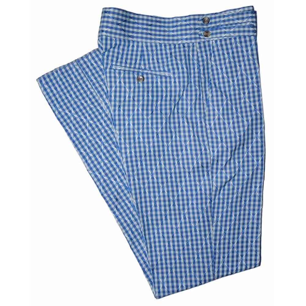 Mens Gurkha Pants Blue White Check Cotton Slim High Waist Flat Front Trousers 34